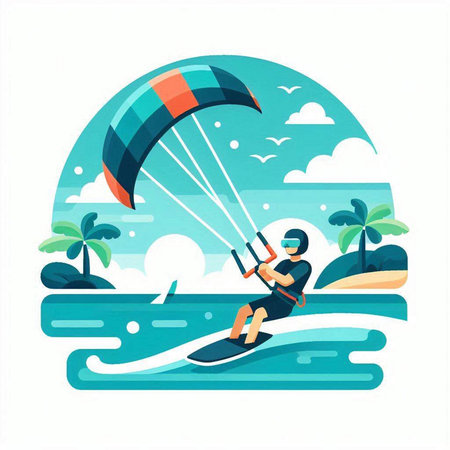 Kitesurfing vector illustration. Man kitesurfer rides on the waves.のイラスト素材