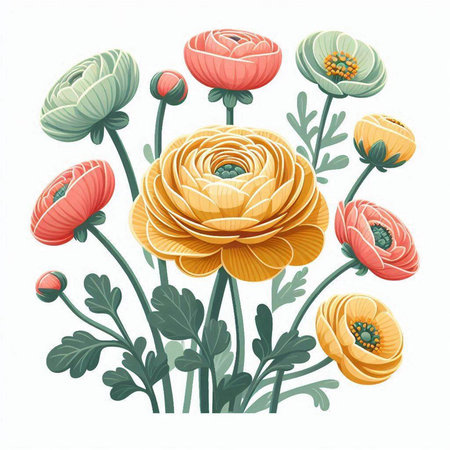 Ranunculus flowers isolated on white background. Vector illustration.のイラスト素材