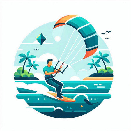 Man with kite surfing on the sea. Vector illustration in flat styleのイラスト素材