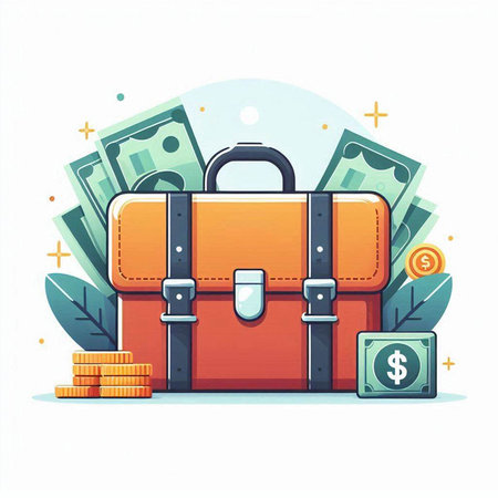 Suitcase with money and coins. Vector illustration in flat styleのイラスト素材