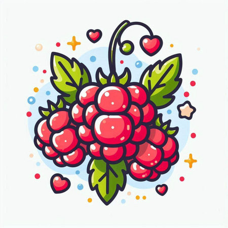 Raspberry vector illustration. Hand drawn raspberry with leaves and hearts.のイラスト素材