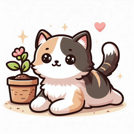 Cute cat sitting with flower in pot. Vector illustration of cartoon character.のイラスト素材