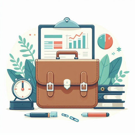 Business briefcase with documents and charts. Flat style vector illustration.のイラスト素材