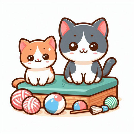 Cute cat and dog sitting on a wooden box. Vector illustration.のイラスト素材