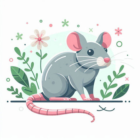 Cute cartoon mouse with flowers. Vector illustration in flat style.のイラスト素材