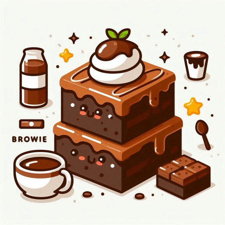 Vector illustration of chocolate cake with whipped creamhmallow and cup of coffee.のイラスト素材