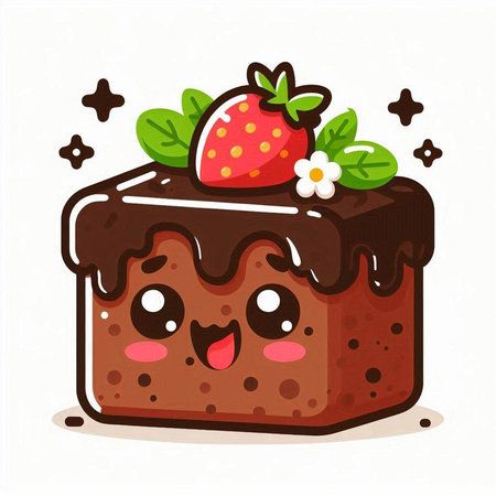 Cute cartoon chocolate cake with strawberry and flowers. Vector illustration.のイラスト素材
