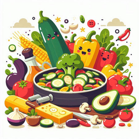 Vegetables in a frying pan. Vector illustration in cartoon style.のイラスト素材