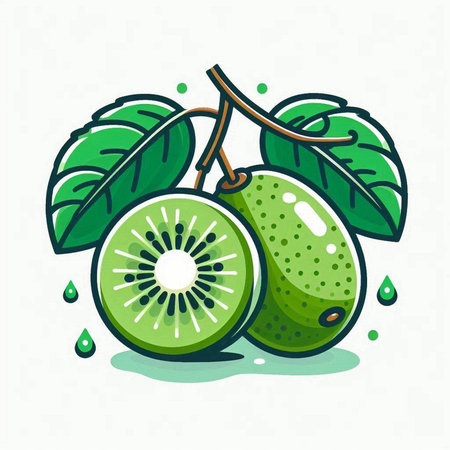 Kiwi fruit with leaves and drops of juice. Vector illustration.のイラスト素材