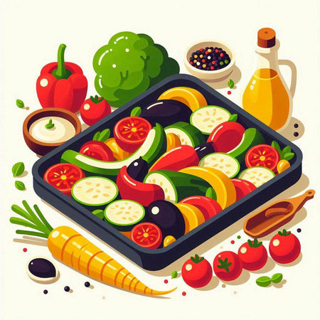 Vegetable salad in a baking dish. Vector illustration in cartoon style.のイラスト素材