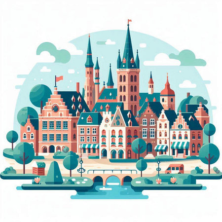 Vector illustration of the old town of Riga, Latvia in flat style.のイラスト素材