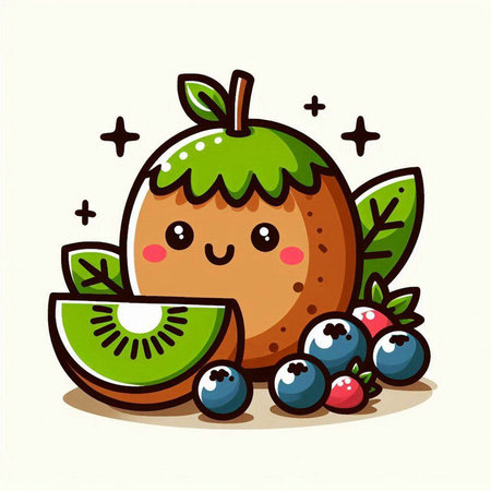 Cute kawaii kiwi fruit character with blueberries and strawberries. Vector illustration.のイラスト素材