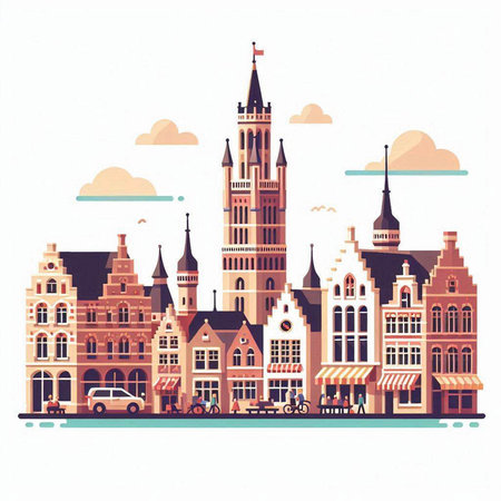 Bruges, Belgium. Cityscape with famous buildings. Vector illustration.のイラスト素材