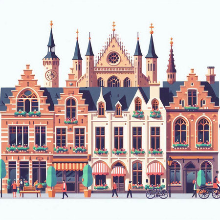 Amsterdam, Netherlands. Cityscape with historic buildings and people. Vector illustrationのイラスト素材
