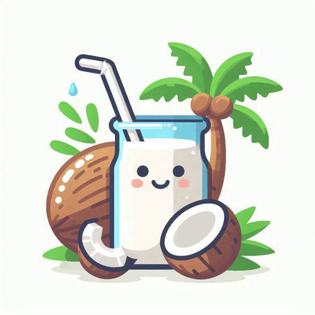 Cute cartoon coconut with a glass of milk. Vector illustration.のイラスト素材