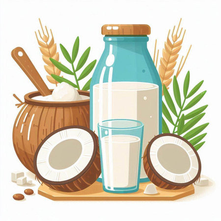 Coconut milk in glass bottle and coconut on wooden table. Cartoon vector illustration.のイラスト素材