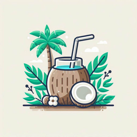 Coconut cocktail with straw and palm tree. Vector illustration.のイラスト素材