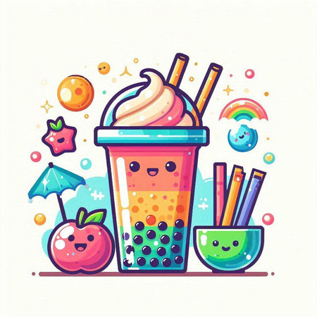 Funny cartoon vector illustration of bubble tea with ice cream and fruit.のイラスト素材