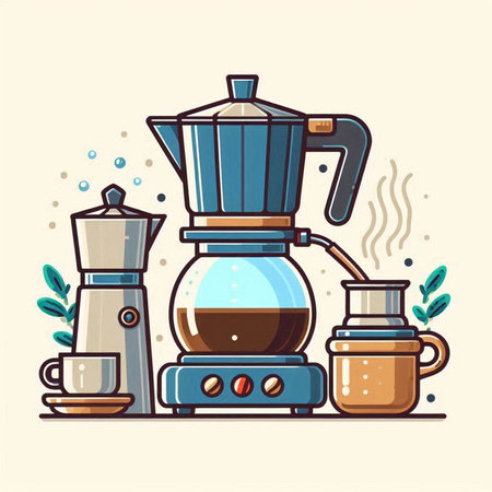 Coffee maker and cups. Vector illustration in flat style.のイラスト素材