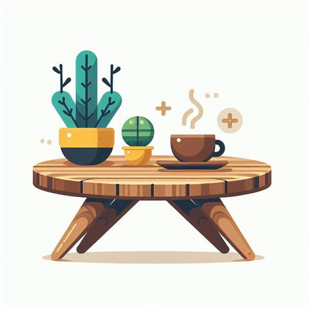 Coffee cup and cactus on wooden table. Vector illustration.のイラスト素材