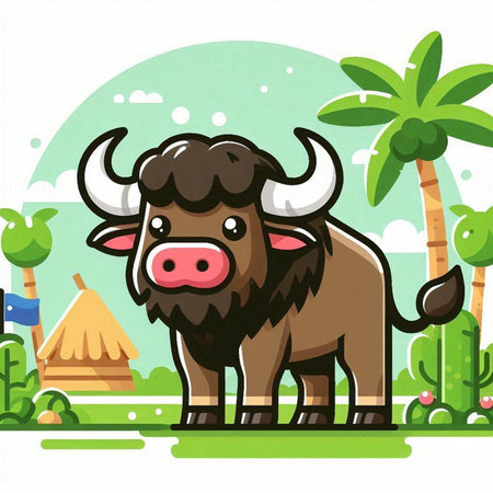 Illustration of a Cute Cartoon Buffalo with Palm Trees in the Backgroundのイラスト素材