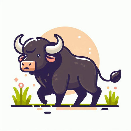 Bull in the field. Cute cartoon animal. Vector illustration.のイラスト素材