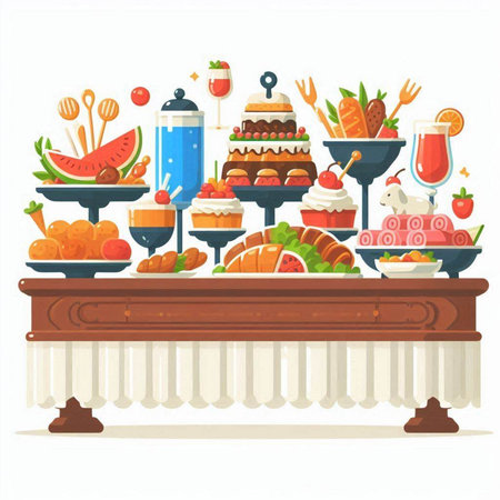 Catering buffet with desserts and fruits. Vector illustration in cartoon styleのイラスト素材