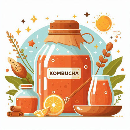 Vector illustration of a jar of kombucha with ingredients for cooking.のイラスト素材
