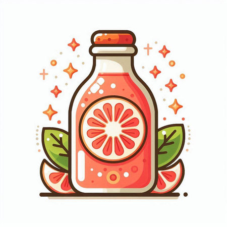 Citrus juice in glass bottle with grapefruit slices and leaves. Vector illustration.のイラスト素材
