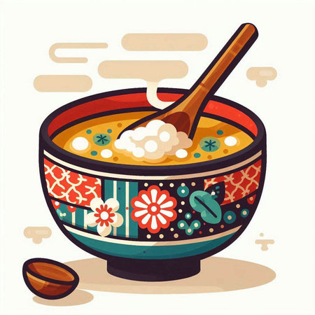 Vector illustration of a bowl of soup with rice and wooden spoon.のイラスト素材