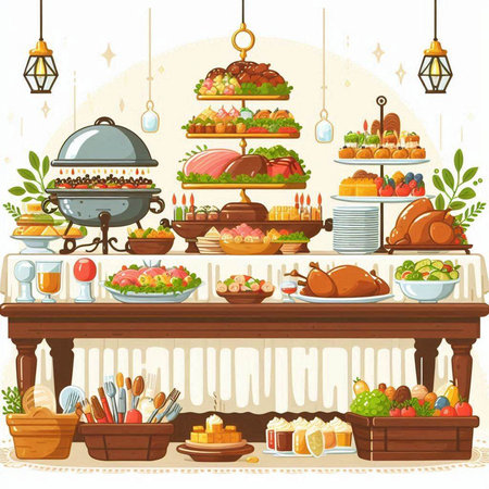 Illustration of a festive table with a variety of food and drinksのイラスト素材