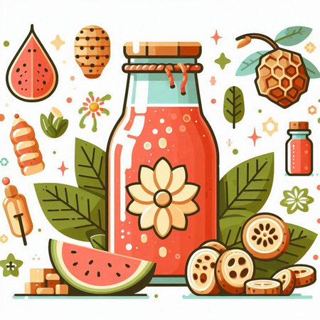 Vector illustration of a bottle of watermelon smoothie with ingredients.のイラスト素材