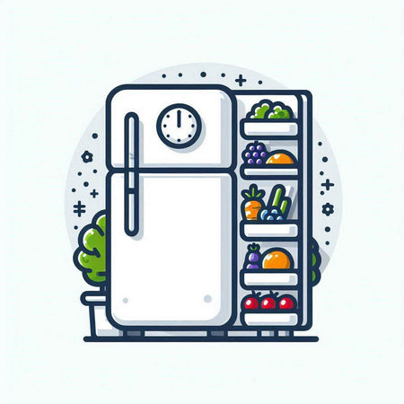 Refrigerator with healthy food. Vector illustration in line style.のイラスト素材