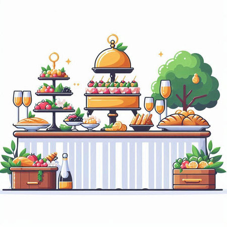 Catering buffet with food and drinks, flat vector illustration.のイラスト素材