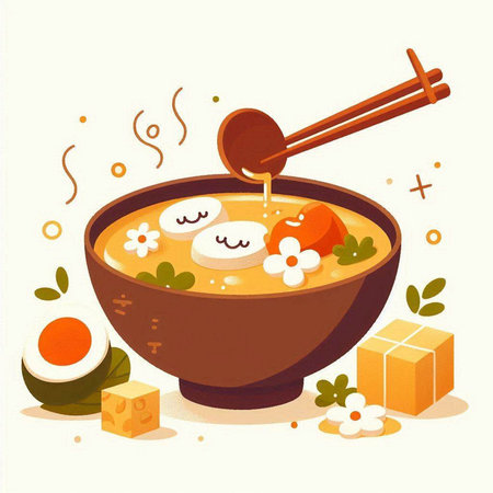 Illustration of japanese soup in bowl with chopsticks.のイラスト素材