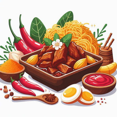 Illustration of a bowl of chinese noodles with meat and vegetablesのイラスト素材