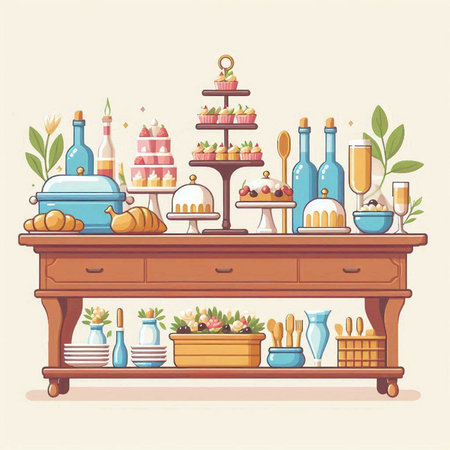 Coffee shop counter with sweets and desserts. Vector illustration.のイラスト素材