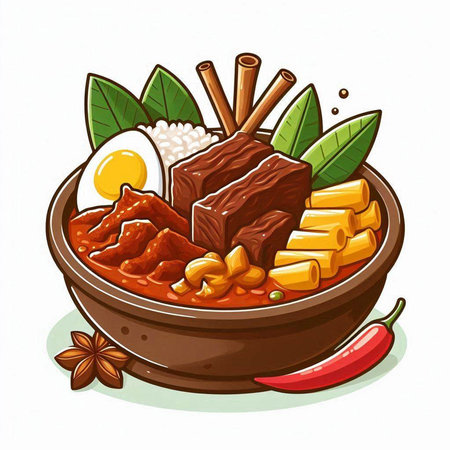 Illustration of a bowl of japanese hot pot with beef, rice, beans and vegetablesのイラスト素材