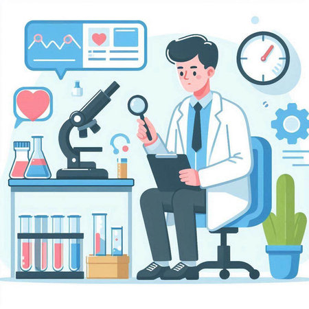 Male scientist sitting at the table and looking at the microscope. Vector illustrationのイラスト素材