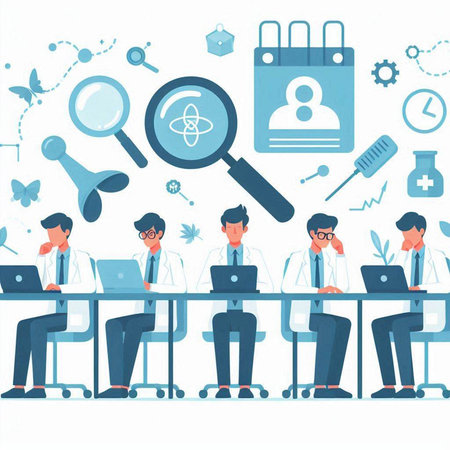 Vector flat design illustration of people sitting at table with laptop and magnifying glass in office.のイラスト素材