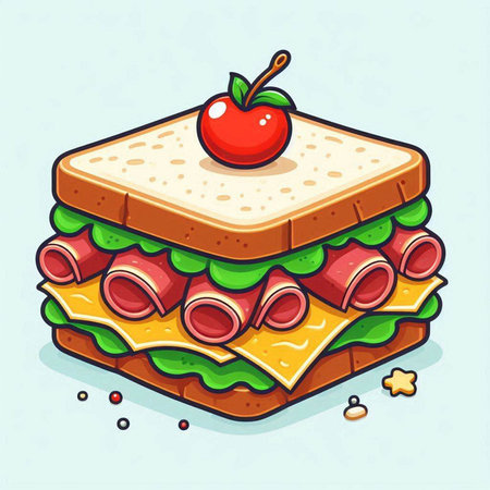 Sandwich with ham, cheese, tomato and lettuce. Vector illustration.のイラスト素材