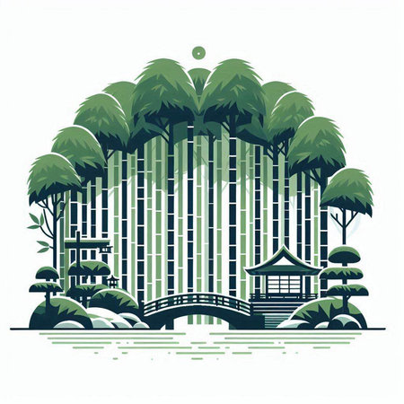 Japanese garden with bamboo fence and bridge. Vector illustration in flat style.のイラスト素材