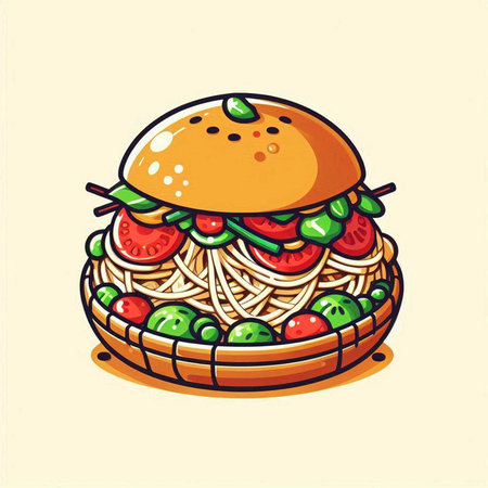 Illustration of spaghetti and hamburger in a basket, vector illustrationのイラスト素材