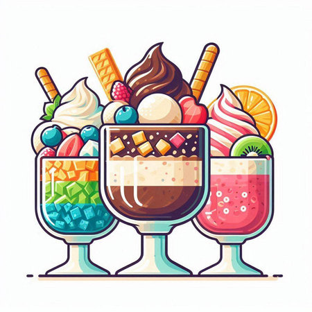 Colorful milkshakes with ice cream and fruits. Vector illustration.のイラスト素材