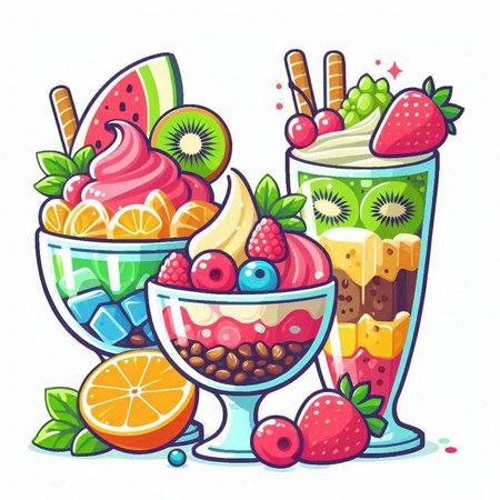 Fruit and berry smoothies in glasses. Vector illustration.のイラスト素材