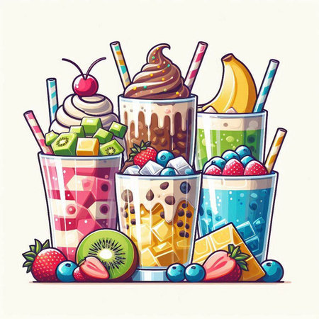 Vector illustration of milkshakes in glasses with fruits and berries.のイラスト素材