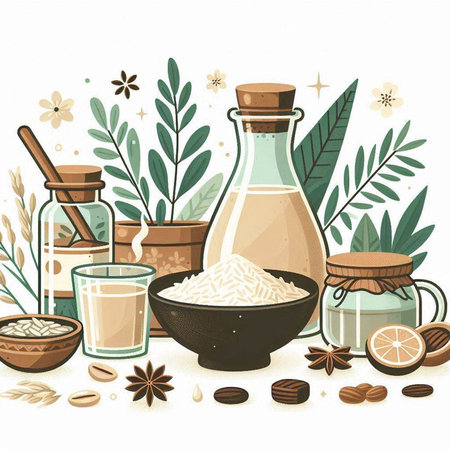 Illustration of essential oil in a glass bottle, bowl with rice, cinnamon, anise, lemon, coffee beans, star anise.のイラスト素材