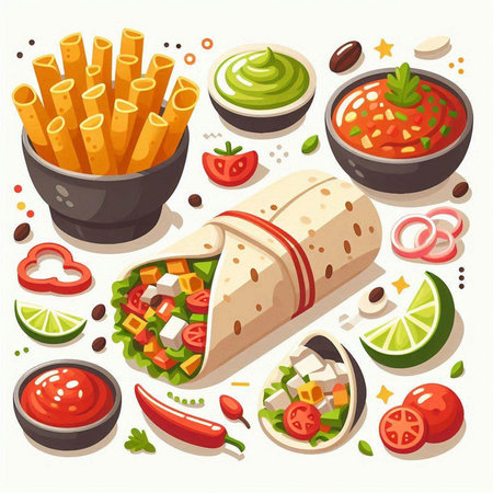 Mexican food vector illustration. Burrito, tacos, burrito, guacamole, tortilla, nachos, salsa, guacamoleのイラスト素材