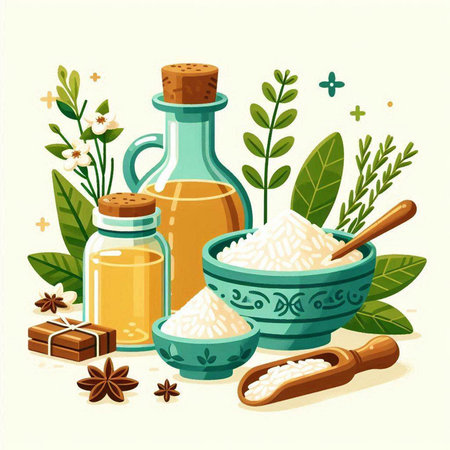Spa set with essential oils and herbs. Vector illustration in cartoon styleのイラスト素材
