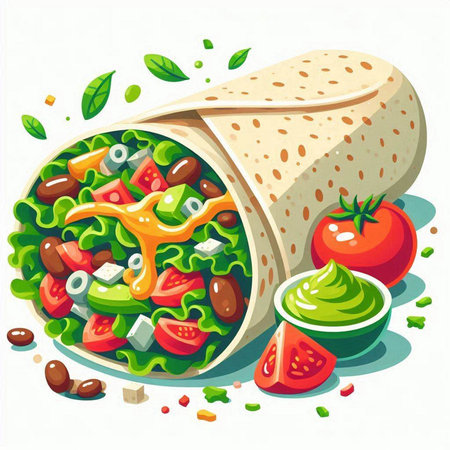 Vector illustration of a tortilla with vegetables, cheese and sauce.のイラスト素材